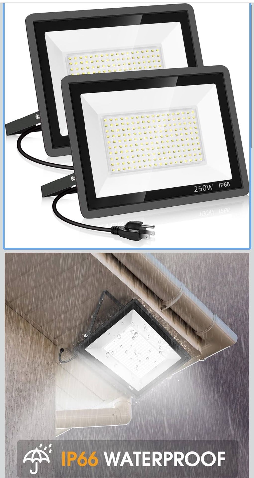 🔥Brand new🔥 2 Pack 250W Led Flood Lights Outdoor,Super Bright 37000LM Security Lights with Plug,Exterior IP66 Waterproof 5000K Daylight White FloodL