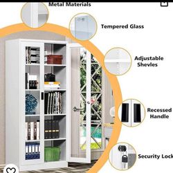 ✌️ Tall Bookcase Storage Cabinet with Tempered Glass Door,Metal Glass Display Cabinet with 4 Adjustable Shelves,5-Tier Curio Cabinet for Home, Study,