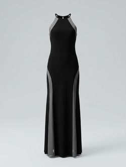 Size 8. Black Halter Neck Maxi Gown with Mesh Panels