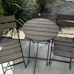 3 piece patio bistro set round table and two folding chairs with black metal 