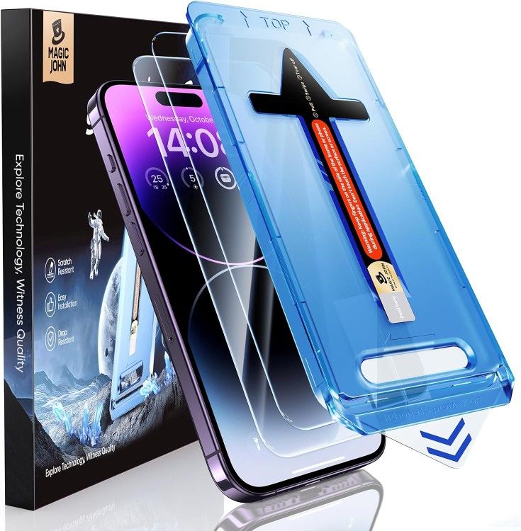 MAGIC JOHN 2 Pack for iPhone 14 Pro Max 6.7 inch Tempered Glass Screen Protector, Auto Dust-Elimination Installation, Bubble Free, Dynamic Island Comp