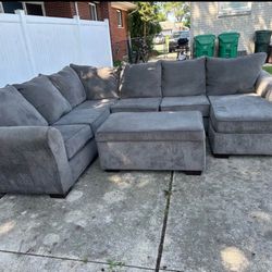 Grey Usha Sectional Large  Chaise W/ Ottoman W/ Storage 