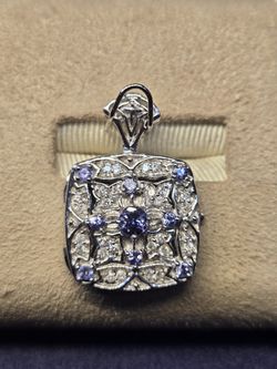 One 14k White Gold  Diamond And Tanzanite Square Shaped Locket Pendant 