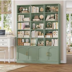82.3" Triple Wide Bookshelf, 7-Tier Tall Bookcase with 15-Cube Open Bookshelf & 4 Doors, Large Bookshelf with Storage Cabinet, Modern Bookshelf for Li