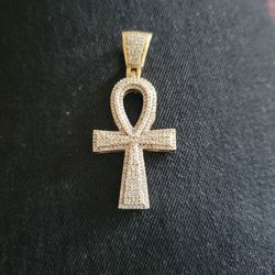 Solid 10kt gold and Si diamond studded Egyptian Ank Cross  
