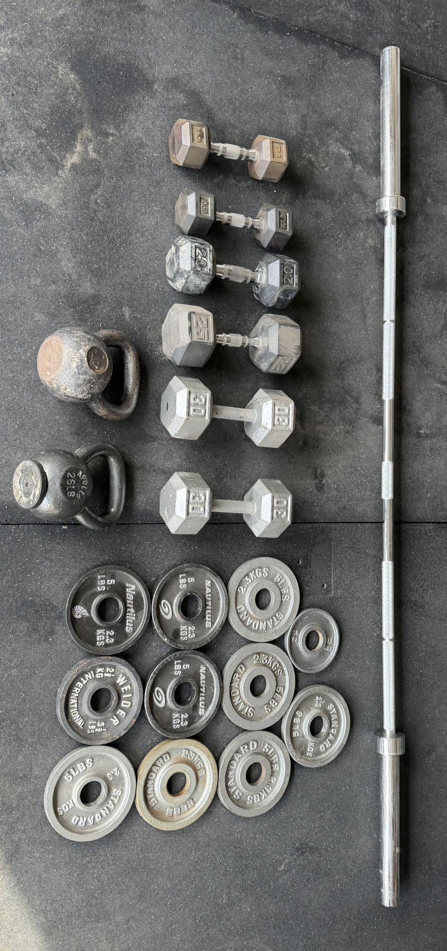 Home Gym CrossFit Weightlifting Oly Bar Change Plates Kettle Bell Dumbbells