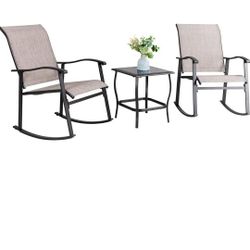 Vongrasig 3 Piece Outdoor Rocking Bistro Set, Textilene Fabric Small Patio Furniture Set, Front Porch Rocker Chairs Conversation Set with Glass Table 