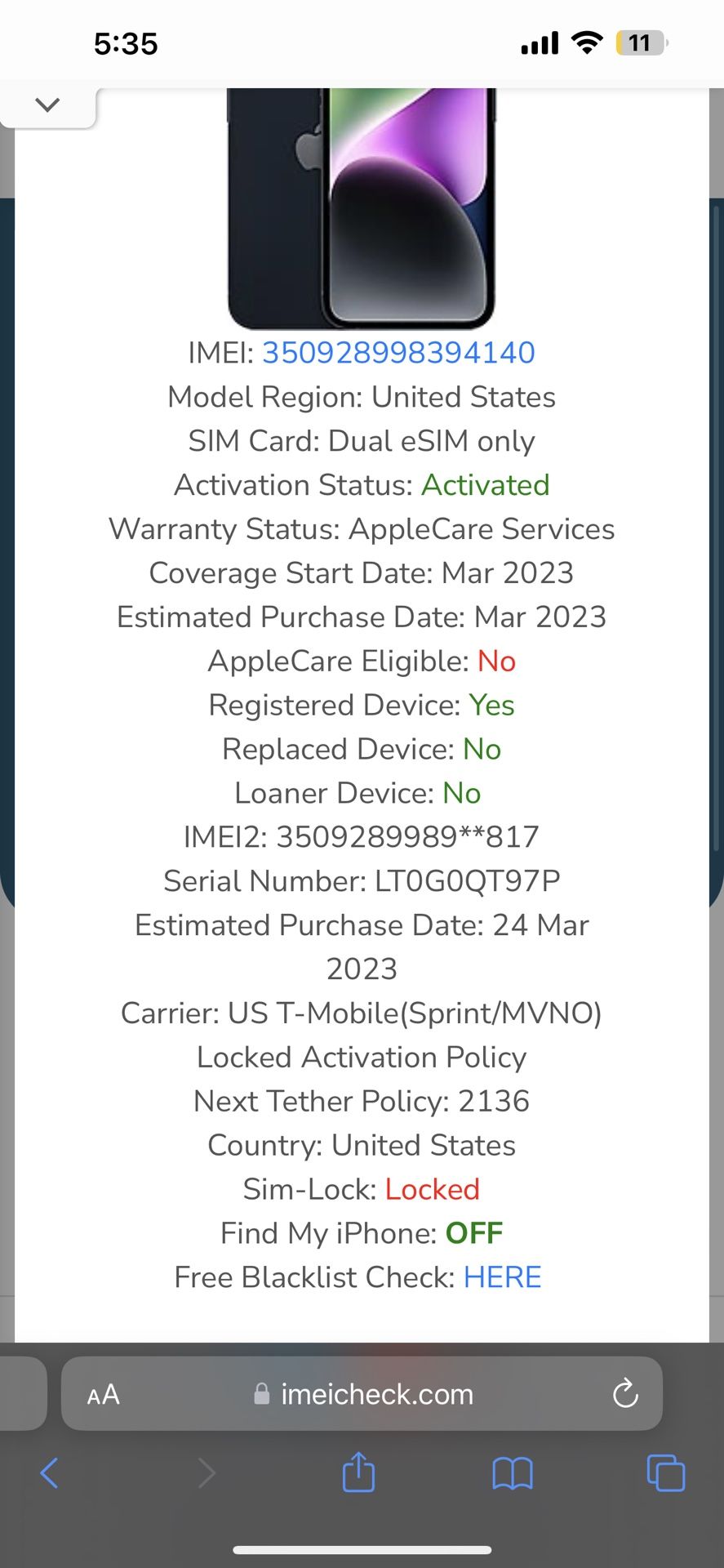 Apple iPhone 14 Smartphone 128 GB MPUA3LL/A Check IMEI,apple  iPhone,iPhone,iPhone 14 ,iphone 14 ,apple,iPhone 14 for Sale in Los  Angeles, CA - OfferUp