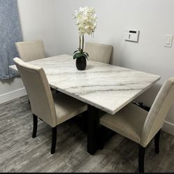 Beige, Marble, & Wood Dining Table Set For 4
