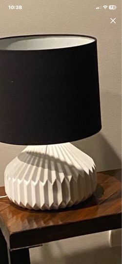 Set of 2 DUNE Table Lamps From Orbit Lighting  With Textured Pleated White Base and Contrasting Black Fabric Drum Shades H17.5”