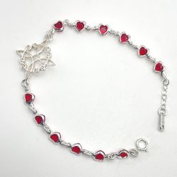 Solid 925 Sterling Silver Red Hearts Witch Knot Adjustable Bracelet