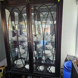 Dark Wood China Cabinet / Display Hutch with Glass Shelves