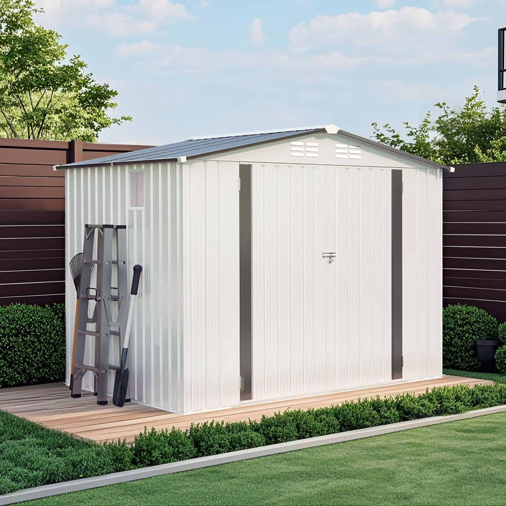 8X6 FT Metal Outdoor Storage Shed, Tool Shed with Pitched Roof Waterproof with Side Window and Lockable Door, Metal Tool Shed for Garden Tool Storage,