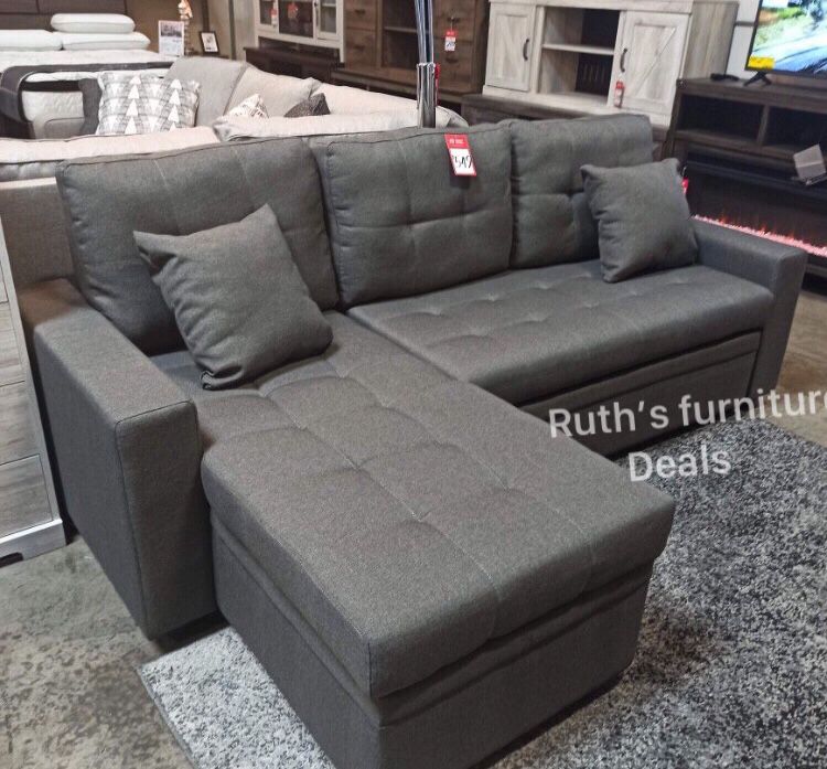 Grey Sectional Sofa With Pull-out Bed and Storage 