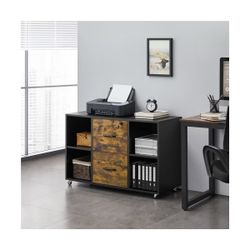 Vintage File Cabinet with 2 Drawers and 4 Open Storage Shelves,Black/ Rustic Brown 