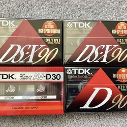 4 NEW Old Stock TDK Cassette Tapes D90, DS-X90, AV-D30 SEALED