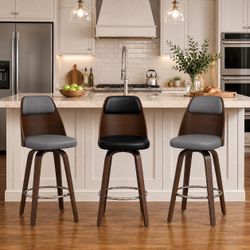Set of 3 Swivel Bar Stools / Counter Height Chairs – Dark Wood, Gray & Black Cushions