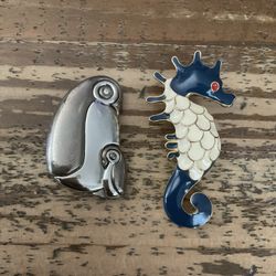 VINTAGE ENAMEL SEAHORSE AND LIZ CLAIBORNE PENGUIN BROOCHES