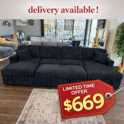 Black Jumbo corduroy sectional sleeper sofa with pull out bed