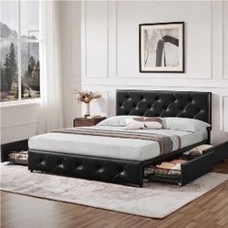 Queen Bed Frame Upholstered Bed Frame with Adjustable Diamond Button-Tufted Headboard/3 Drawers Storage, Queen Platform Bed/Strong Wooden Slats, Black
