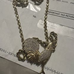 Solid 14K Gold Rope Chain W/ 14K Gold Rooster Pendant