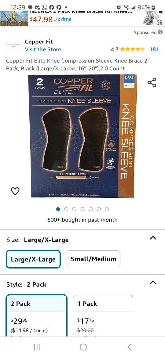 Copper Fit Elite Knee Sleeve - 2 Pack - L/XL

