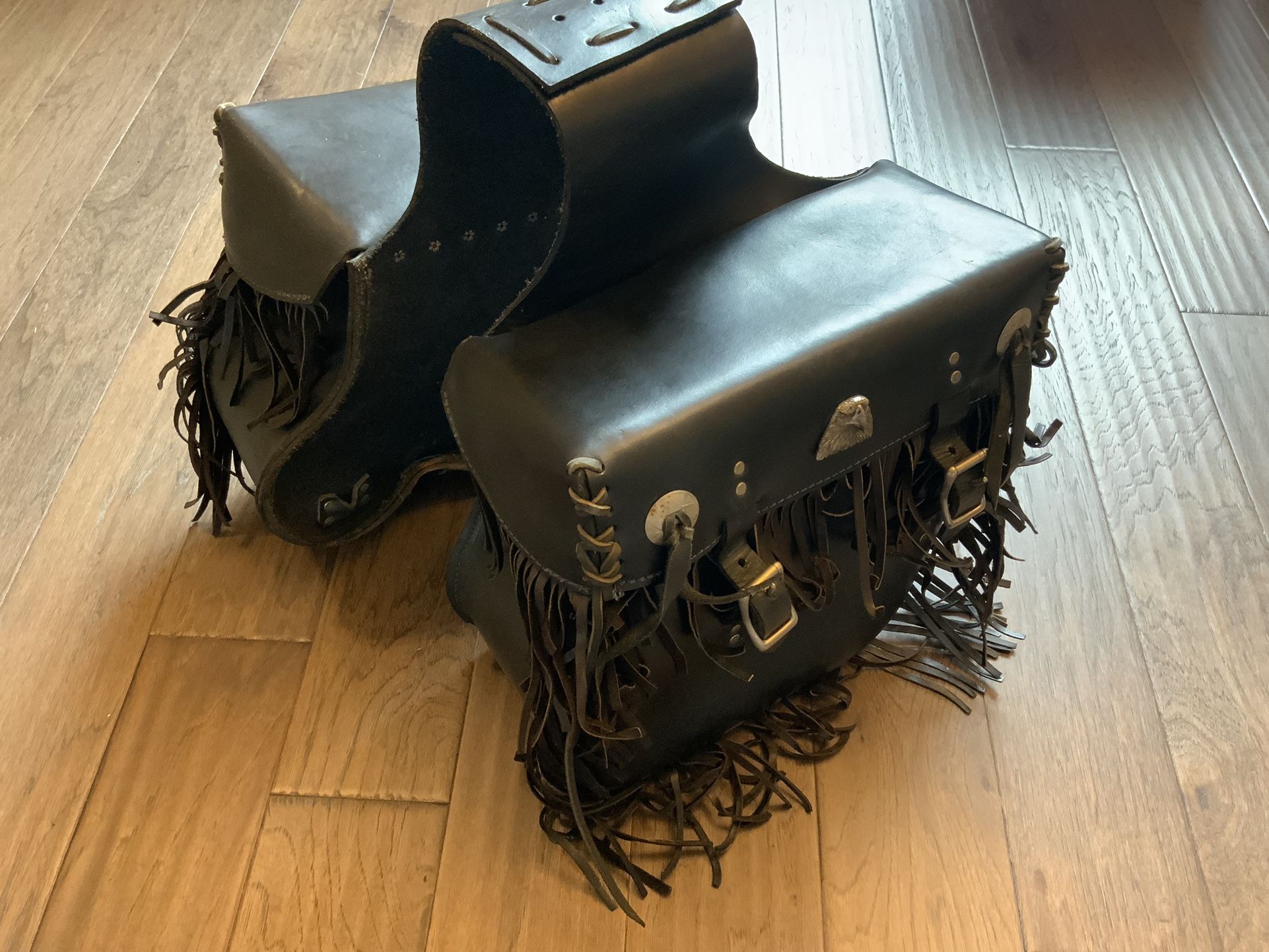 Vintage Black Leather Motorcycle Saddle Bags with Fringe & Eagle Emblem Harley-Davidson FXR