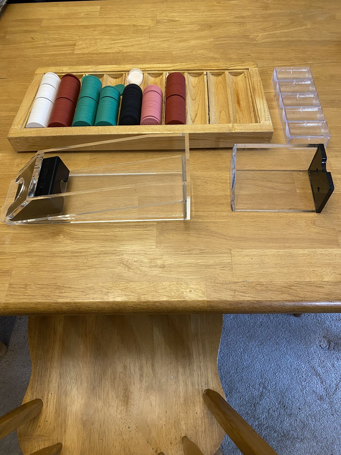 Blackjack Shoe, Chip Rack, And Chips