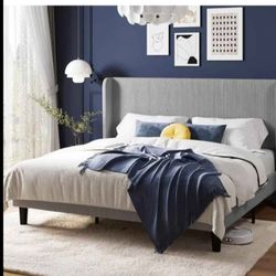 King Size Bed Frame Corduroy Wingback,  Light Grey 