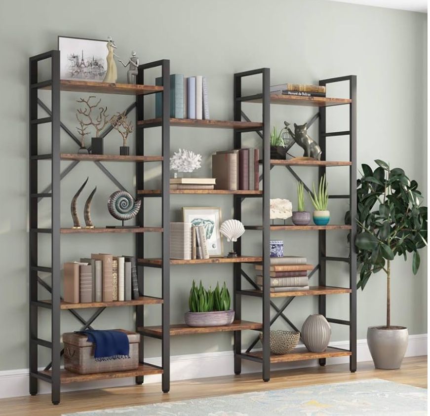 Tribesigns Triple Wide 5-Shelf Bookcase, Etagere Large Open Bookshelf Vintage Industrial Style Shelves Wood and Metal bookcases Furniture for Home 