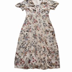 CHRIS MCLAUGHLIN Lined CHIFFON Beige/Multi FLORAL COTTAGECORE SHIFT DRESS sz 10