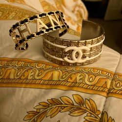 Designer Cc Gold White Enamel  Bracelet Gold Greek Key Logo Gold 