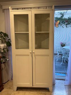 Corner White Wood Cabinet with Glass Panel Doors