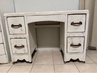 Vintage White Wood Desk / Vanity on Wheels