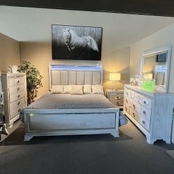 Grey King Bed, Dresser, Mirror And One Nightstand