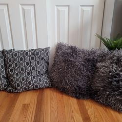 4 IKEA Standard Sized Throw Couch Pillows Grey Furry Geometric