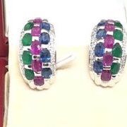 14 K White Gold Emeral, Rubies, Sapphires And Diamonds Earring Set 