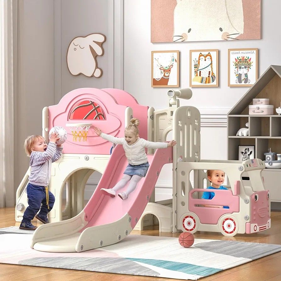Kids Slide Pink 9in1 Toddler Slide, Climber Playset, Indoor Outdoor Bus Playhouse, NEW 

