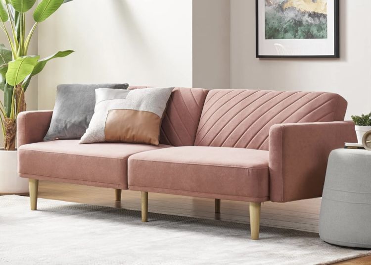 76.8" Futon Sofa Bed, Small Couch, Sleeper, Loveseat, Mid Century Modern Futon Couch, Sofa Cama, Couches for Living Room (Old Rosa Velvet)