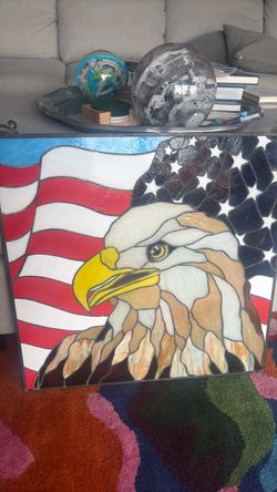 Bieye W10108 Bald Eagle with American Flag Tiffany-Style Stained Glass Window Panel, 22" Square, Patriotic Sun Catcher Hanging Window Decor