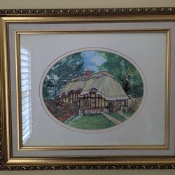SIGNED PERFECT CONDITION 15"x18" FRAMED AND MATTED COTTAGE LANDSCAPE WATERCOLOR PRINT