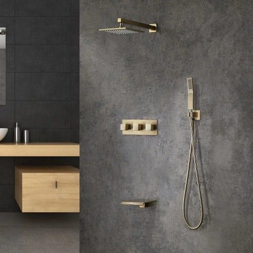 Wall-Mounted 10" Shower System in Brushed Gold with Tub Spout Solid Brass Brushed Gold