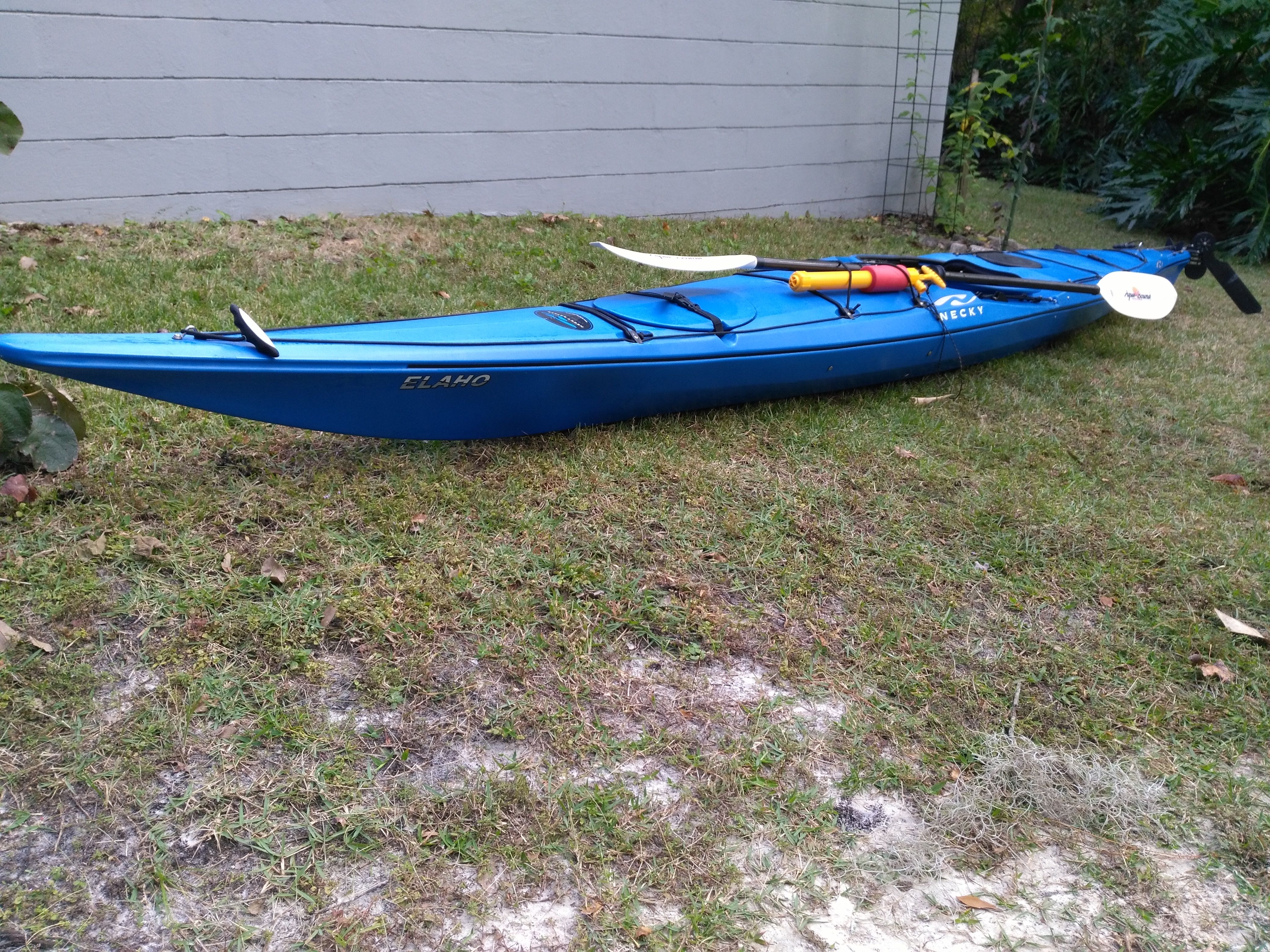 Necky Elaho 16 Kayak with Rudder, Paddle, and Bilge Master Pump