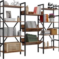 Bookcases and Bookshelves Triple Wide 4 Tiers Industrial Bookshelf, Large Etagere Bookshelf Open Record Player Shelves with Metal Frame ，Brown