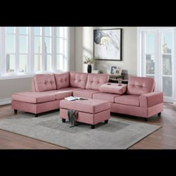 Heights Pink Velvet Reversible Sectional with Storage Ottoman

