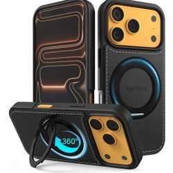 Magnetic for iPhone 17 Pro Leather Case, Built-in Invisible 360° Stand [17FT Military-Grade Drop Protection] Tactile Clicking Sound Slim Kickstand Pho