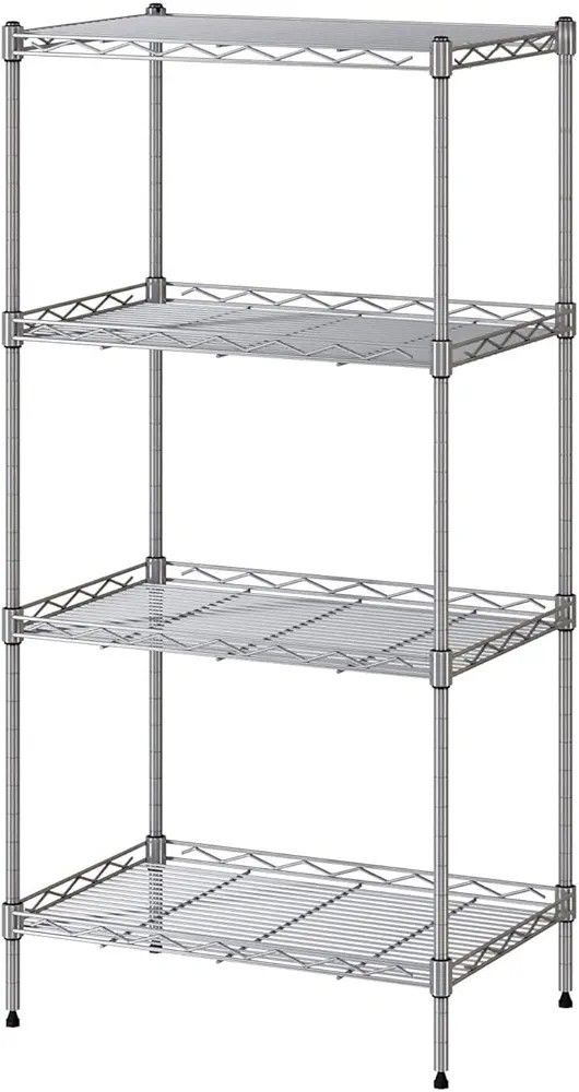 VOONEEN 4 Tier Shelf Shelving Units, Multipurpose Metal Modern Small Storage Rack with 4 Hooks, Stainless Steel Wire Organisation Suitable For Pantry