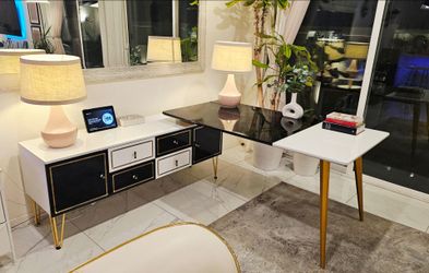 Modern Executive Desk L-Shaped with Storage in White, Gold & Black