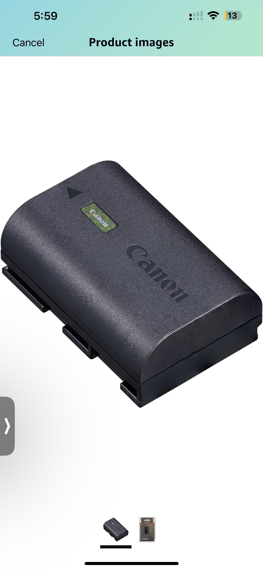 Rechargeable lithium-ion battery. Compatible with Canon LC-E6 and Canon LC-E6E battery chargers. Not compatible with in-camera charging using the EOS