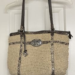 Bringhton Crochet Leather Faux Snake Trim 2 Zip & 2 Slip Pockets Purse. 15x11x5